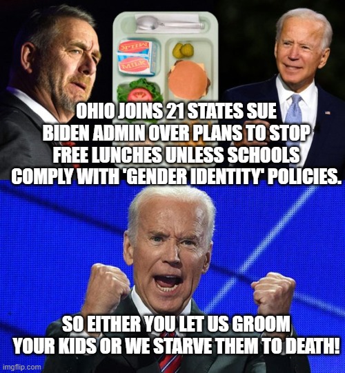 And all while our leftists . . . cheer. | OHIO JOINS 21 STATES SUE BIDEN ADMIN OVER PLANS TO STOP FREE LUNCHES UNLESS SCHOOLS COMPLY WITH 'GENDER IDENTITY' POLICIES. SO EITHER YOU LET US GROOM YOUR KIDS OR WE STARVE THEM TO DEATH! | image tagged in evil | made w/ Imgflip meme maker
