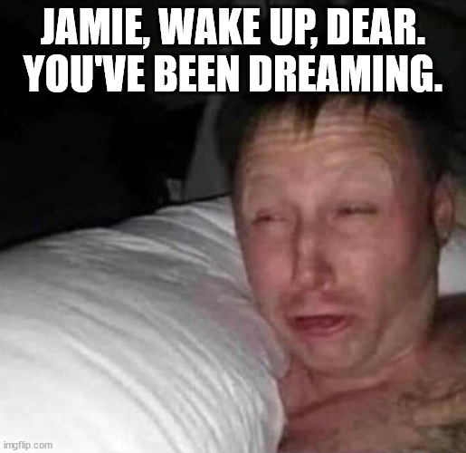 Sleepy guy | JAMIE, WAKE UP, DEAR.
YOU'VE BEEN DREAMING. | image tagged in sleepy guy | made w/ Imgflip meme maker