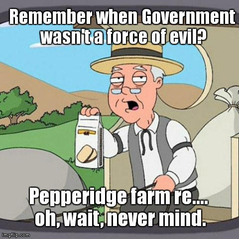 Pepperidge Farm Remembers Meme | Remember when Government wasn't a force of evil? Pepperidge farm re.... oh, wait, never mind. | image tagged in memes,pepperidge farm remembers | made w/ Imgflip meme maker