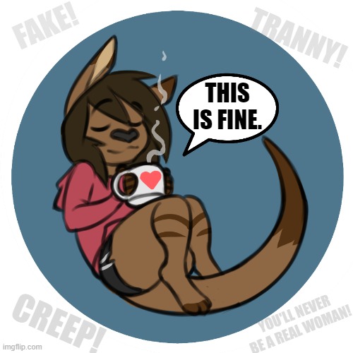 *Sips* Ah. (By Tyroo) | FAKE! TRANNY! THIS IS FINE. YOU'LL NEVER BE A REAL WOMAN! CREEP! | image tagged in furry,transgender,this is fine,memes,funny | made w/ Imgflip meme maker