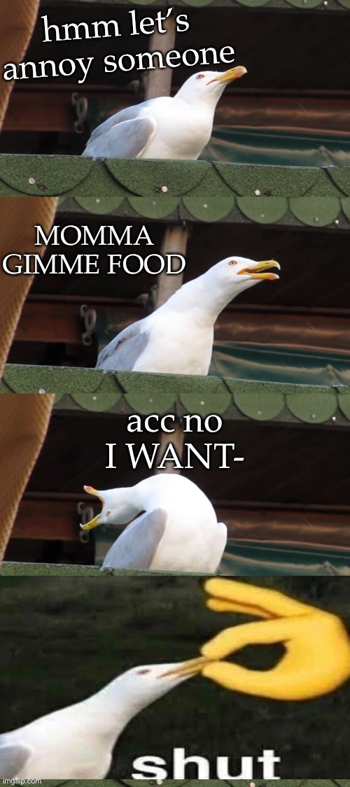 Typical children | hmm let’s annoy someone; MOMMA GIMME FOOD; acc no I WANT- | image tagged in breath in seagull,annoying | made w/ Imgflip meme maker