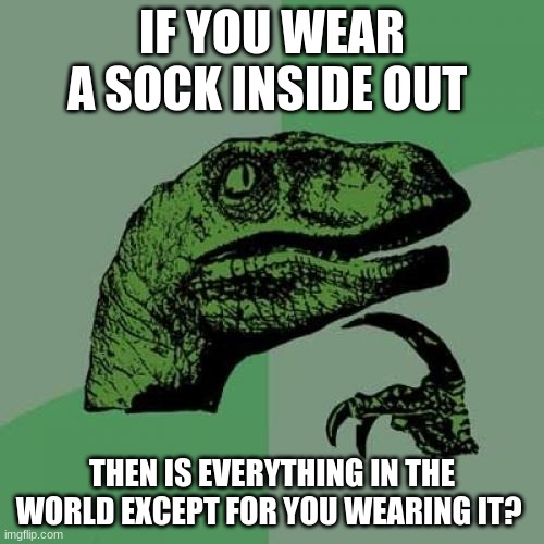 I found this text somewhere else, don't sue me. | IF YOU WEAR A SOCK INSIDE OUT; THEN IS EVERYTHING IN THE WORLD EXCEPT FOR YOU WEARING IT? | image tagged in memes,philosoraptor,genius | made w/ Imgflip meme maker
