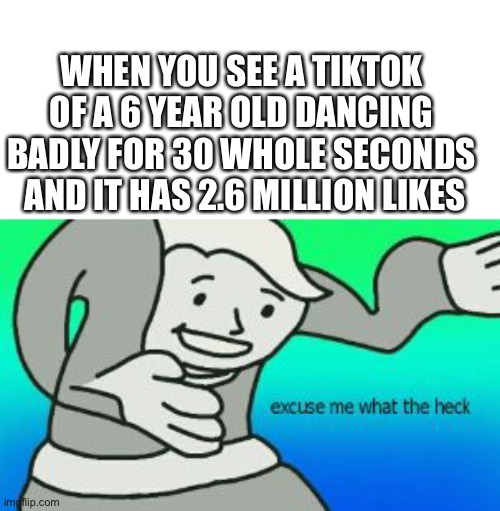 Why tho |  WHEN YOU SEE A TIKTOK OF A 6 YEAR OLD DANCING BADLY FOR 30 WHOLE SECONDS  AND IT HAS 2.6 MILLION LIKES | image tagged in excuse me what the heck | made w/ Imgflip meme maker