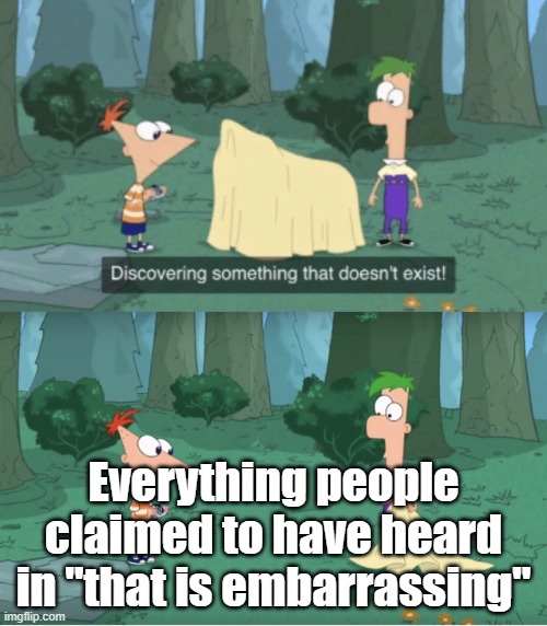 In short: They're saying that is embarrassing | Everything people claimed to have heard in "that is embarrassing" | image tagged in discovering something that doesn t exist | made w/ Imgflip meme maker