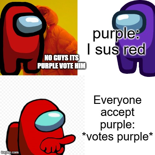 among us drake hotline bling | purple: I sus red; NO GUYS ITS PURPLE VOTE HIM; Everyone accept purple: *votes purple* | image tagged in among us meeting,among us,emergency meeting among us,drake hotline bling,funny,funny meme | made w/ Imgflip meme maker