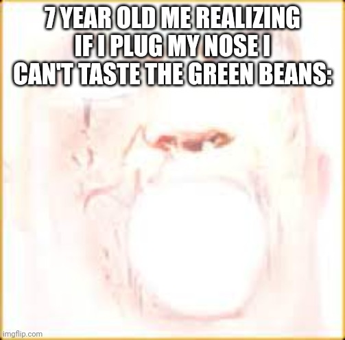 7 year old me | 7 YEAR OLD ME REALIZING IF I PLUG MY NOSE I CAN'T TASTE THE GREEN BEANS: | image tagged in mr incredible canny phase 10 | made w/ Imgflip meme maker