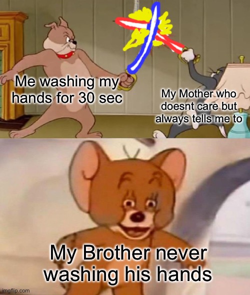 This Is The Reality Of My Childhood | Me washing my hands for 30 sec; My Mother who doesnt care but always tells me to; My Brother never washing his hands | image tagged in tom and jerry swordfight,memes,wash your hands,oh wow are you actually reading these tags | made w/ Imgflip meme maker