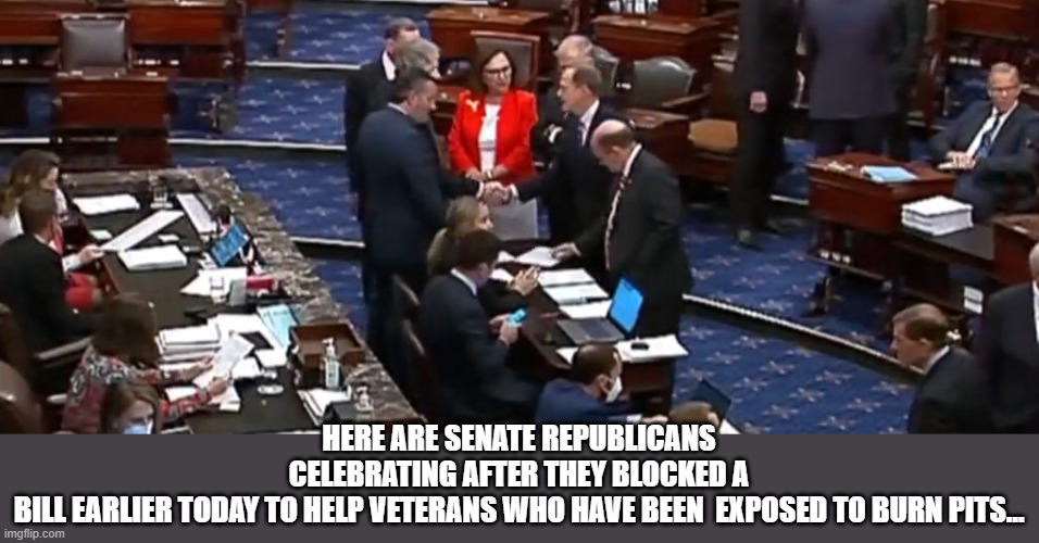 Deplorables. D E P L O R A B L E. | HERE ARE SENATE REPUBLICANS CELEBRATING AFTER THEY BLOCKED A BILL EARLIER TODAY TO HELP VETERANS WHO HAVE BEEN  EXPOSED TO BURN PITS… | image tagged in scumbag,republicans,anti-american,support our troops,put your money where your mouth is,virtue signaling republicans | made w/ Imgflip meme maker