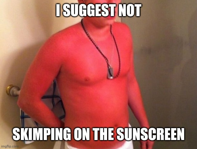 Extreme sunburn | I SUGGEST NOT SKIMPING ON THE SUNSCREEN | image tagged in extreme sunburn | made w/ Imgflip meme maker