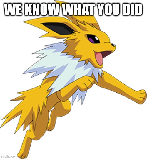 jolteon | WE KNOW WHAT YOU DID | image tagged in jolteon | made w/ Imgflip meme maker