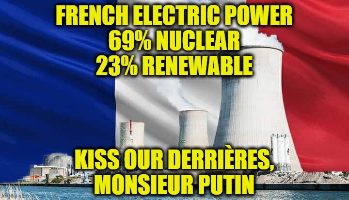 Kiss our derrières |  FRENCH ELECTRIC POWER
69% NUCLEAR
23% RENEWABLE; KISS OUR DERRIÈRES,
MONSIEUR PUTIN | image tagged in putin | made w/ Imgflip meme maker