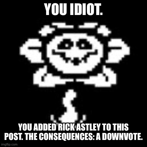 Flowey | YOU IDIOT. YOU ADDED RICK ASTLEY TO THIS POST. THE CONSEQUENCES: A DOWNVOTE. | image tagged in flowey | made w/ Imgflip meme maker