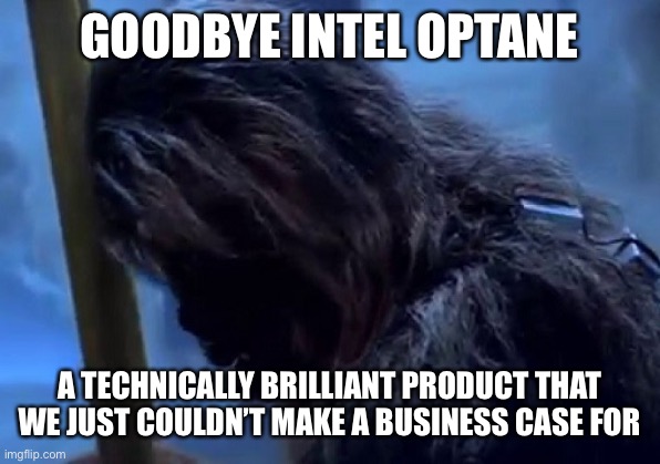 The fight for our corporate life | GOODBYE INTEL OPTANE; A TECHNICALLY BRILLIANT PRODUCT THAT WE JUST COULDN’T MAKE A BUSINESS CASE FOR | image tagged in chewbacca,the empire strikes back | made w/ Imgflip meme maker