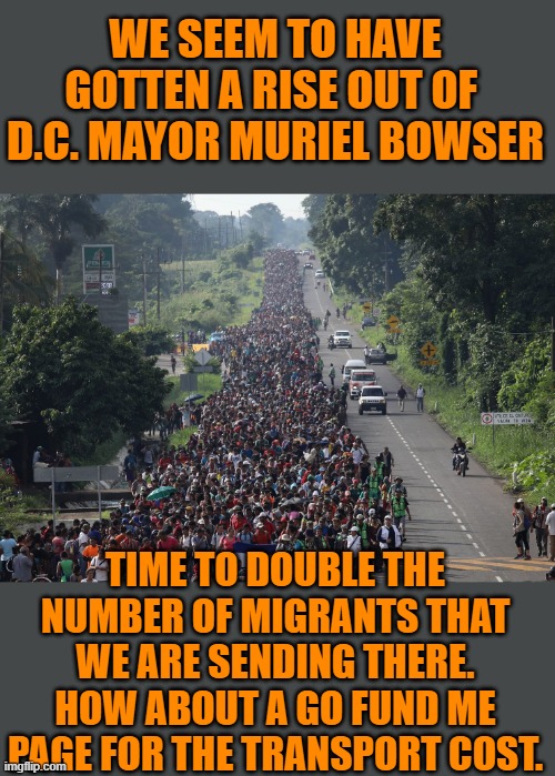 yep | WE SEEM TO HAVE GOTTEN A RISE OUT OF  D.C. MAYOR MURIEL BOWSER; TIME TO DOUBLE THE NUMBER OF MIGRANTS THAT WE ARE SENDING THERE. HOW ABOUT A GO FUND ME PAGE FOR THE TRANSPORT COST. | image tagged in migrant caravan | made w/ Imgflip meme maker