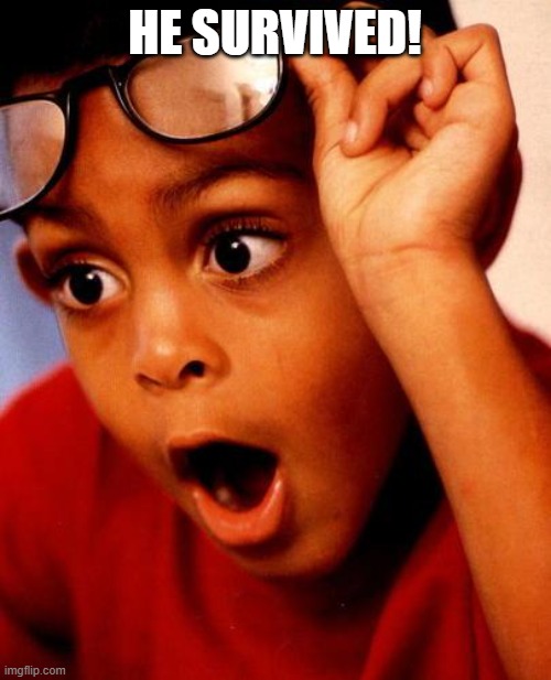 Wow | HE SURVIVED! | image tagged in wow | made w/ Imgflip meme maker