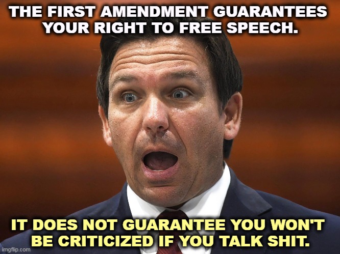 Talk garbage, prepare to be taken out. | THE FIRST AMENDMENT GUARANTEES 
YOUR RIGHT TO FREE SPEECH. IT DOES NOT GUARANTEE YOU WON'T 
BE CRITICIZED IF YOU TALK SHIT. | image tagged in ron desantis,first amendment,free speech,criticism,garbage | made w/ Imgflip meme maker