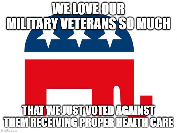 Republican |  WE LOVE OUR MILITARY VETERANS SO MUCH; THAT WE JUST VOTED AGAINST THEM RECEIVING PROPER HEALTH CARE | image tagged in republican | made w/ Imgflip meme maker
