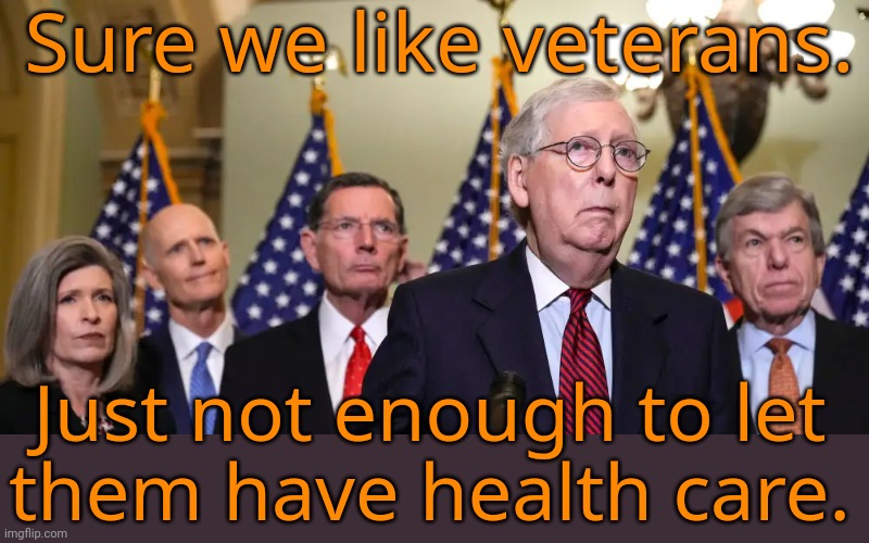 Got PTSD or gulf war syndrome? Too bad! | Sure we like veterans. Just not enough to let
them have health care. | image tagged in republican senators,scumbags,conservatives,gop hypocrite,us military,fallen soldiers | made w/ Imgflip meme maker