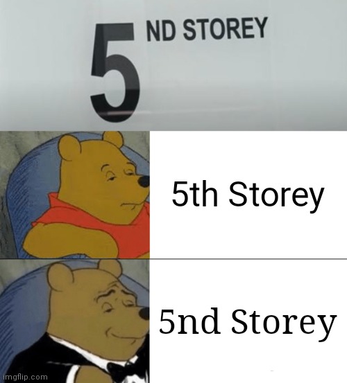 5nd Storey |  5th Storey; 5nd Storey | image tagged in memes,tuxedo winnie the pooh,reposts,repost,meme,you had one job | made w/ Imgflip meme maker