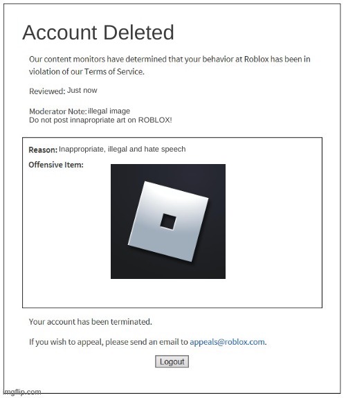 Roblox be like... | Account Deleted; Just now; illegal image; Do not post innapropriate art on ROBLOX! Inappropriate, illegal and hate speech | image tagged in moderation system | made w/ Imgflip meme maker