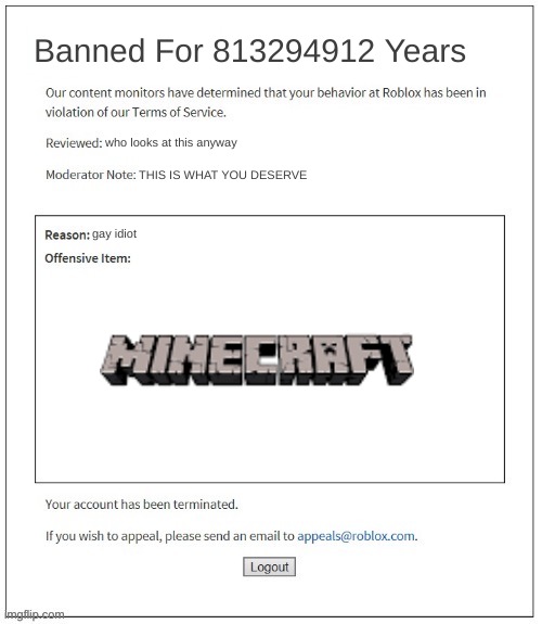 WOW ROBLOX YOU ROCK | Banned For 813294912 Years; who looks at this anyway; THIS IS WHAT YOU DESERVE; gay idiot | image tagged in moderation system | made w/ Imgflip meme maker