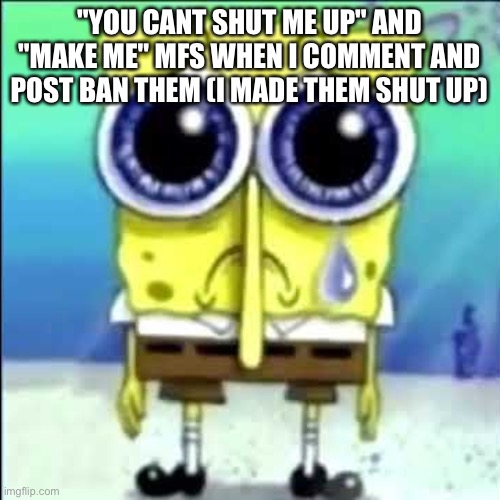 Sad Spongebob | "YOU CANT SHUT ME UP" AND "MAKE ME" MFS WHEN I COMMENT AND POST BAN THEM (I MADE THEM SHUT UP) | image tagged in sad spongebob | made w/ Imgflip meme maker