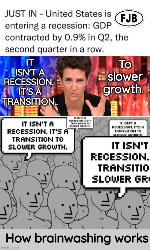 Madcow brainwashing McSheeple | To slower growth. IT ISN'T A RECESSION. 
IT'S A TRANSITION.. How brainwashing works | image tagged in rachel maddow missile | made w/ Imgflip meme maker