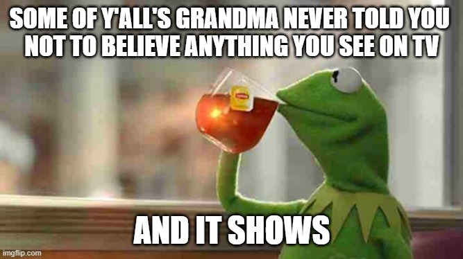 srsly, fr, no cap | SOME OF Y'ALL'S GRANDMA NEVER TOLD YOU 
NOT TO BELIEVE ANYTHING YOU SEE ON TV; AND IT SHOWS | image tagged in kermit sipping tea | made w/ Imgflip meme maker