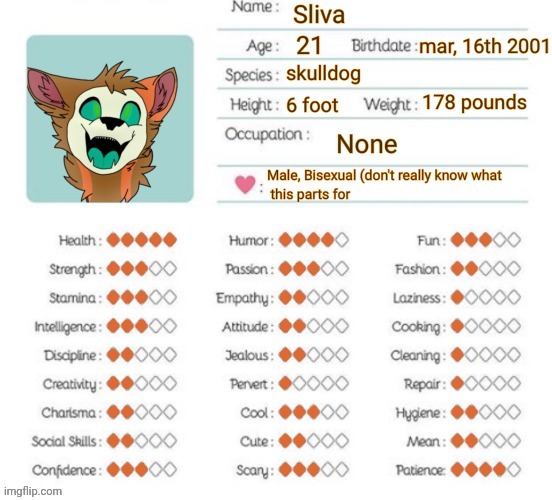 Decided to make this for my fursona! | image tagged in furry,furries,skull,dog,character | made w/ Imgflip meme maker