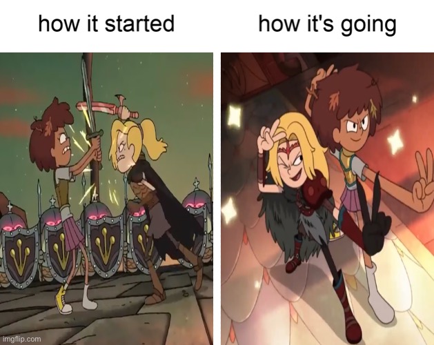 An Anne Boonchuy and Sasha Waybright meme | image tagged in how it started vs how it's going,amphibia,disney channel,friendship,girls,peace sign | made w/ Imgflip meme maker