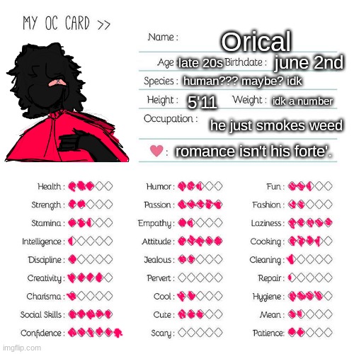 decided to do this for orical- :D | Orical; june 2nd; late 20s; human??? maybe? idk; 5'11; idk a number; he just smokes weed; romance isn't his forte'. | image tagged in oc card template | made w/ Imgflip meme maker