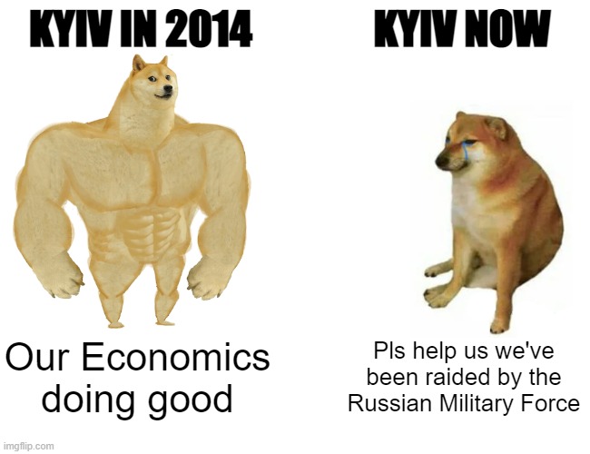 Type F to pay respect for Ukraine. | KYIV IN 2014; KYIV NOW; Our Economics doing good; Pls help us we've been raided by the Russian Military Force | image tagged in memes,buff doge vs cheems | made w/ Imgflip meme maker