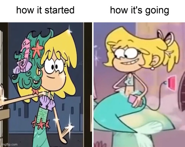Lori Loud as a mermaid | image tagged in how it started vs how it's going,the loud house,nickelodeon,mermaid,dress | made w/ Imgflip meme maker