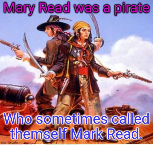 The woman in the hat was Anne Bonny, who may have been Read's "wife." | Mary Read was a pirate; Who sometimes called themself Mark Read. | image tagged in anne bonny mary read,lgbt,historical,gender fluid,cool crimes | made w/ Imgflip meme maker