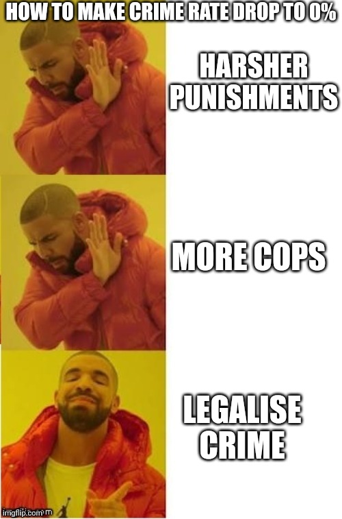 Lol | HOW TO MAKE CRIME RATE DROP TO 0%; HARSHER PUNISHMENTS; MORE COPS; LEGALISE CRIME | image tagged in drake no no yes,idk | made w/ Imgflip meme maker