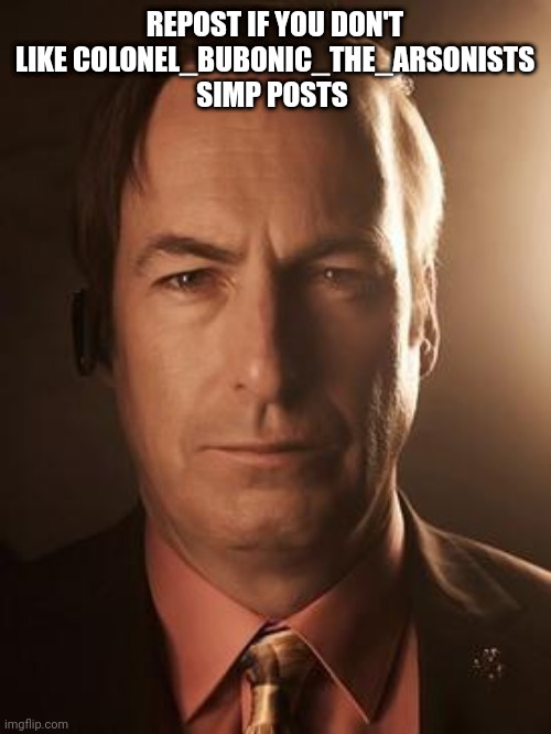 Saul Goodman | REPOST IF YOU DON'T LIKE COLONEL_BUBONIC_THE_ARSONISTS SIMP POSTS | image tagged in saul goodman | made w/ Imgflip meme maker