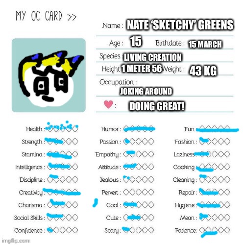 And done, might have revealed some new stuff [sammy note: nice] | NATE ‘SKETCHY’ GREENS; 15; 15 MARCH; LIVING CREATION; 1 METER 56; 43 KG; JOKING AROUND; DOING GREAT! | image tagged in sketchy | made w/ Imgflip meme maker
