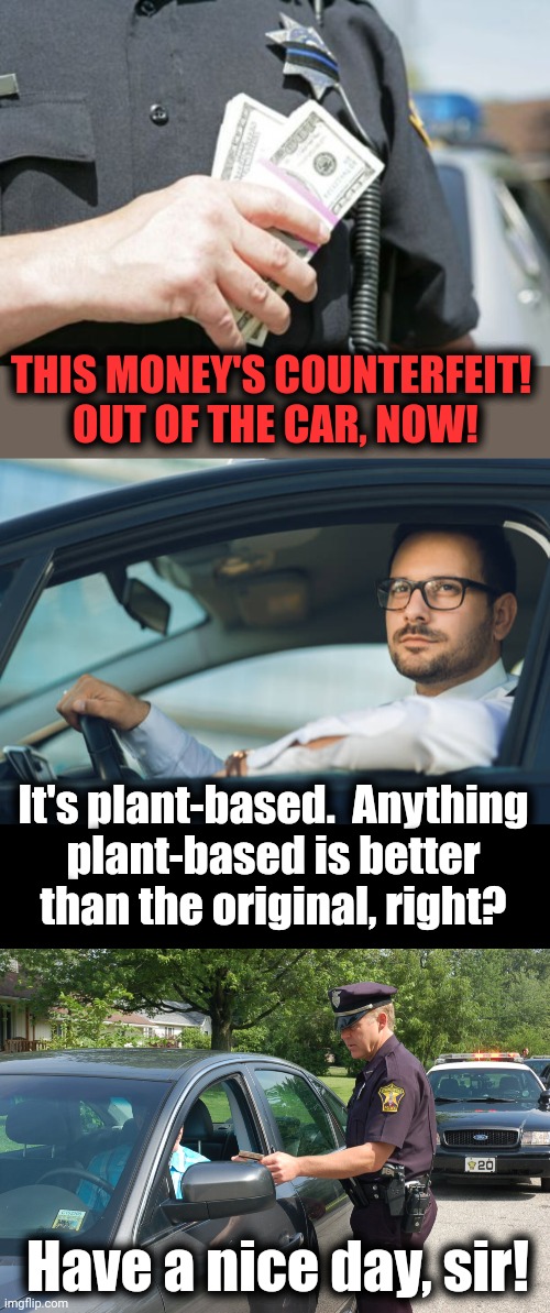 Our brave new world | THIS MONEY'S COUNTERFEIT!  OUT OF THE CAR, NOW! It's plant-based.  Anything
plant-based is better than the original, right? Have a nice day, sir! | image tagged in memes,fakes,counterfeit,plant based,money,police | made w/ Imgflip meme maker