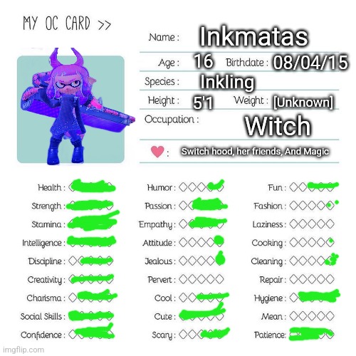 Inkmatas has a rare magic | Inkmatas; 16; 08/04/15; Inkling; 5'1; [Unknown]; Witch; Switch hood, her friends, And Magic | image tagged in oc card template | made w/ Imgflip meme maker