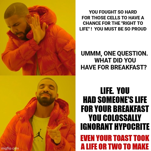 That LIFE Doesn't Count "Because It's Not Human".  The Bible Says Animals Were Created FIRST You Colossally Barbaric Hypocrite | YOU FOUGHT SO HARD FOR THOSE CELLS TO HAVE A CHANCE FOR THE "RIGHT TO LIFE" !  YOU MUST BE SO PROUD; UMMM, ONE QUESTION.  WHAT DID YOU HAVE FOR BREAKFAST? LIFE.  YOU HAD SOMEONE'S LIFE FOR YOUR BREAKFAST YOU COLOSSALLY IGNORANT HYPOCRITE; EVEN YOUR TOAST TOOK A LIFE OR TWO TO MAKE | image tagged in memes,drake hotline bling,hypocrisy,hypocrite,conservative hypocrisy,trumpublican terrorist hypocrites | made w/ Imgflip meme maker