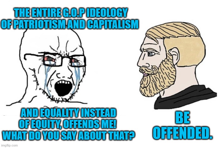 Yes leftists . . . BE offended, and then be gone, you parasites. | THE ENTIRE G.O.P IDEOLOGY OF PATRIOTISM AND CAPITALISM; AND EQUALITY INSTEAD OF EQUITY, OFFENDS ME!  WHAT DO YOU SAY ABOUT THAT? BE OFFENDED. | image tagged in soyboy vs yes chad | made w/ Imgflip meme maker