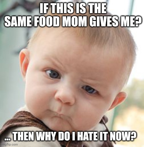 Skeptical Baby | IF THIS IS THE SAME FOOD MOM GIVES ME? ... THEN WHY DO I HATE IT NOW? | image tagged in memes,skeptical baby | made w/ Imgflip meme maker