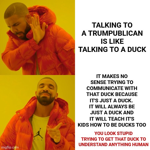 There's Still Hope For The Few Remaining Republicans Though ... If They'll Fight | TALKING TO A TRUMPUBLICAN IS LIKE TALKING TO A DUCK; IT MAKES NO SENSE TRYING TO COMMUNICATE WITH THAT DUCK BECAUSE IT'S JUST A DUCK.  IT WILL ALWAYS BE JUST A DUCK AND IT WILL TEACH IT'S KIDS HOW TO BE DUCKS TOO; YOU LOOK STUPID TRYING TO GET THAT DUCK TO UNDERSTAND ANYTHING HUMAN | image tagged in memes,drake hotline bling,time to end the trumpublican nazis,trumpublican nazis,nazis,trumpublican terrorist nazis | made w/ Imgflip meme maker