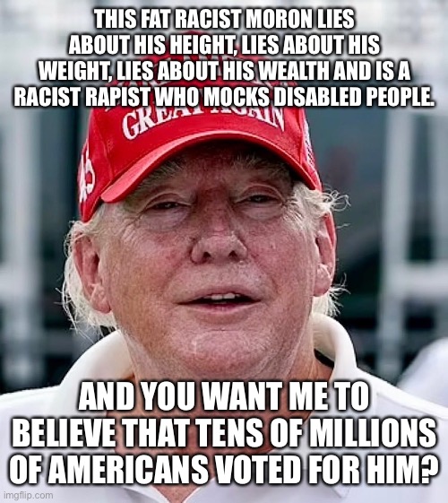 I don’t believe it. | THIS FAT RACIST MORON LIES ABOUT HIS HEIGHT, LIES ABOUT HIS WEIGHT, LIES ABOUT HIS WEALTH AND IS A RACIST RAPIST WHO MOCKS DISABLED PEOPLE. AND YOU WANT ME TO BELIEVE THAT TENS OF MILLIONS OF AMERICANS VOTED FOR HIM? | image tagged in donald trump,racist,trump is a moron | made w/ Imgflip meme maker