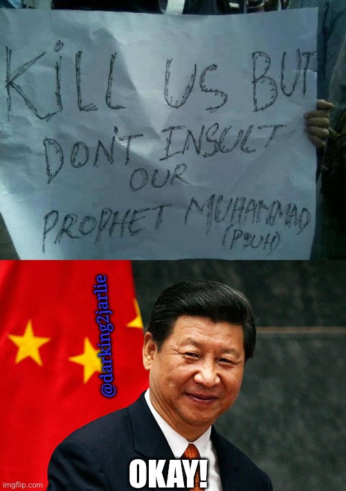 CCP Approves | @darking2jarlie; OKAY! | image tagged in xi jinping,china,muslims,islam,muhammad,genocide | made w/ Imgflip meme maker
