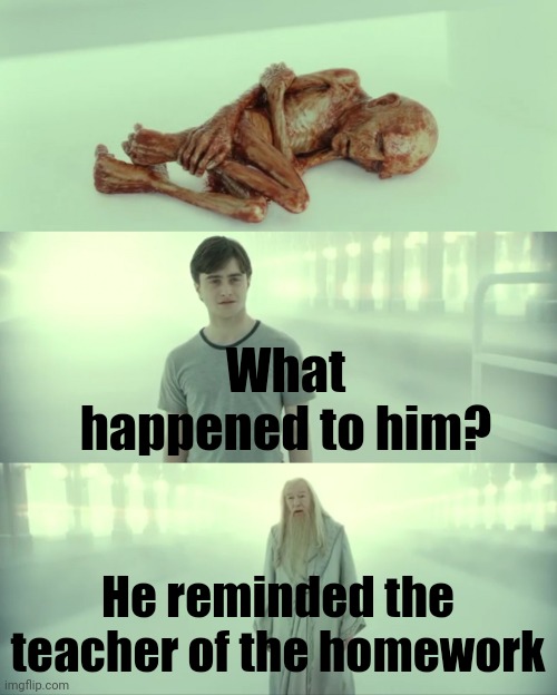 Don't be that one kid | What happened to him? He reminded the teacher of the homework | image tagged in harry potter and dumbledore,school | made w/ Imgflip meme maker