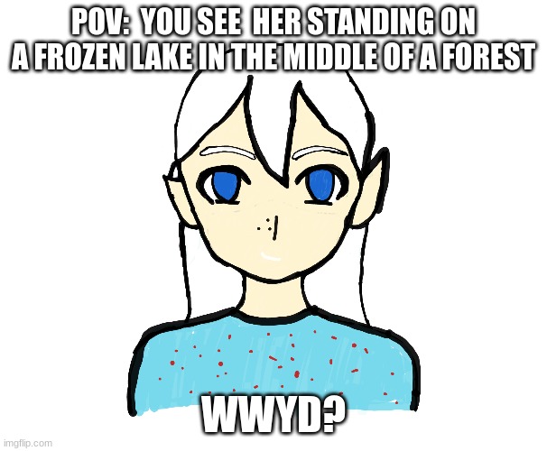meme4 | POV:  YOU SEE  HER STANDING ON A FROZEN LAKE IN THE MIDDLE OF A FOREST; WWYD? | image tagged in creepypasta,idk,why are you reading this | made w/ Imgflip meme maker