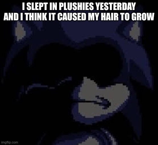 Lord X | I SLEPT IN PLUSHIES YESTERDAY AND I THINK IT CAUSED MY HAIR TO GROW | image tagged in lord x | made w/ Imgflip meme maker