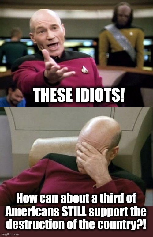 THESE IDIOTS! How can about a third of Americans STILL support the
destruction of the country?! | image tagged in startrek,memes,captain picard facepalm | made w/ Imgflip meme maker