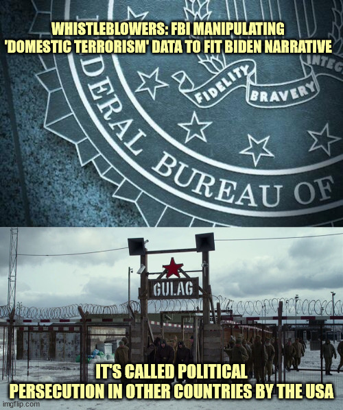 Just another form of democrat cheating... use the government to go after your political opponents |  WHISTLEBLOWERS: FBI MANIPULATING 'DOMESTIC TERRORISM' DATA TO FIT BIDEN NARRATIVE; IT'S CALLED POLITICAL PERSECUTION IN OTHER COUNTRIES BY THE USA | image tagged in american,gulag | made w/ Imgflip meme maker